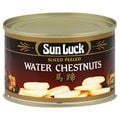 A can of Sun Luck water chestnuts in real life.
