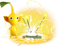 Artwork of a Yellow Pikmin standing within the discharge of an electrode.