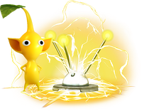 Artwork of a Yellow Pikmin standing near an electricity generator.