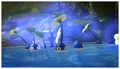 A screenshot from Pikmin 3 featuring some Blue Pikmin in water.