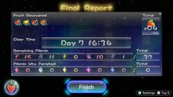 The Final Report menu in Pikmin 3 Deluxe, showing the results of a challenge run where just 37 Pikmin are counted at the end. This was done by skipping the Yellow Onion, meaning the 5 Yellow Pikmin given to the player on day 3 aren't counted.