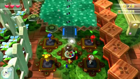 A group of 5 players activating a bridge in the Pikmin Adventure level Boss of the Beebs.