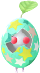An event White Decor Pikmin wearing a colorful Easter egg.