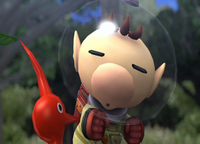 Olimar and a Red Pikmin in the Subspace Emissary of Super Smash Bros. Brawl.
