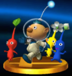 The trophy for Alph in the 3DS version of Super Smash Bros. for Nintendo 3DS and Wii U, being followed by a Red Pikmin, Yellow Pikmin, and Blue Pikmin.