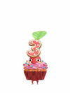 An animation of a Red Pikmin with a 3rd Anniversary Cupcake from Pikmin Bloom.