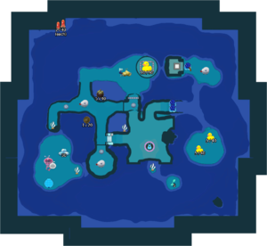 Labeled map of sublevel 2 of the Seafloor Resort. Numbers next to treasures indicate weight/Sparklium.