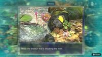 Page 1 of the third unique hint in the Twilight River in Pikmin 3 Deluxe. This screenshot of the hint page should be replaced with the hint image itself when possible.