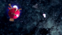 A still from the Debt Repayment Cinema in Pikmin 2. A stock image of the Orion Nebula can be seen in the background.