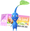 A Blue Theme Park Decor Pikmin with Theme Park Ticket decor from Pikmin Bloom.