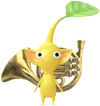 A Yellow Special Decor Pikmin with Tiny Instrument: Brass Band decor from Pikmin Bloom.