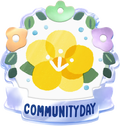 Community day badge, featuring artwork of a yellow plum blossom.