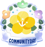 Community day badge, featuring artwork of a yellow plum blossom.