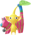 A Yellow Special Decor Pikmin with Balinese Carving decor from Pikmin Bloom.