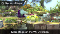 The Peckish Aristocrab on the Garden of Hope stage in Super Smash Bros. for Wii U. A yellow and blue Pikmin can also be seen building a Climbing Stick.