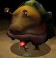 An Emperor Bulblax next to Captain Olimar. Note the smaller size compared to the Emperor Bulblax in Pikmin.