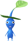 A Blue Rainy Day Decor Pikmin with Leaf Hat decor from Pikmin Bloom.