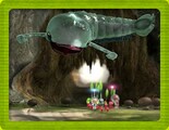 An Armored Mawdad coming down to attack Alph, Brittany, and their Pikmin.