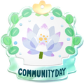 Pikmin Bloom Community Day badge, featuring artwork of a white water lily.