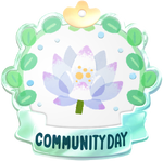 Pikmin Bloom Community Day badge, featuring artwork of a white water lily.