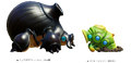 Renders of Horned Cannon Beetle and an Armored Cannon Larva, from the Japanese Pikmin Garden website.