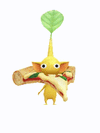 An animation of a yellow Pikmin with a slice of pizza from Pikmin Bloom.