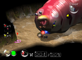 Fighting an Empress Bulblax. Compared to the previous image, the leading zeros on the Pikmin count are transparent.