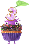 A Purple Special Decor Pikmin with 3rd Anniversary Cupcake decor from Pikmin Bloom.