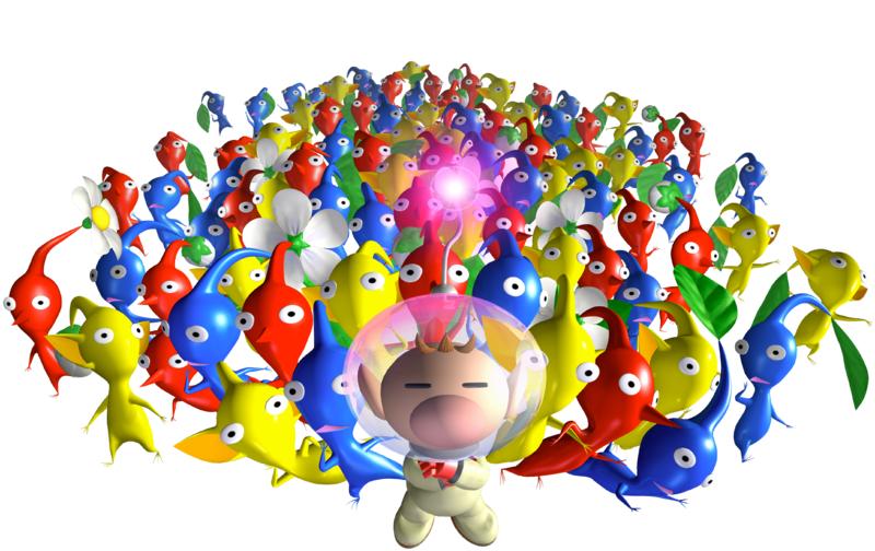 File:Olimar and many Pikmin P1 art.png