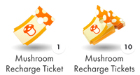 Screenshot showing a single mushroom recharge ticket, as well as a stack of ten, as displayed in the shop.