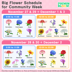 The schedule for the types of Big Flowers that bloomed during the 2nd Anniversary Event in Pikmin Bloom.
