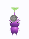An animation of a purple Pikmin with a coin from Pikmin Bloom.
