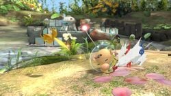 A screenshot from Super Smash Bros. Ultimate, showing Olimar throwing a Yellow Pikmin on the Garden of Hope stage.