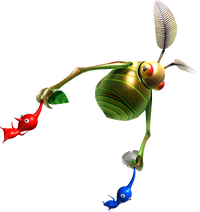 A Swooping Snitchbug carries a Red Pikmin and a Blue Pikmin in Pikmin.