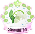 Community day badge, featuring artwork of a convallaria/lily of the valley.