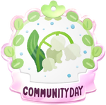 Community day badge, featuring artwork of a convallaria/lily of the valley.