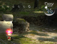 A screenshot showing a mistake where a branch placed out of bounds in the Awakening Wood appears to be floating off the ground.
