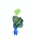 An animation of a Blue Pikmin with a College Crest from Pikmin Bloom.