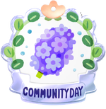 Community day badge, featuring artwork of a hyacinth.