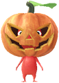 A Red Pikmin from Pikmin Bloom wearing a very similar-looking Jack-o-lantern Decor.