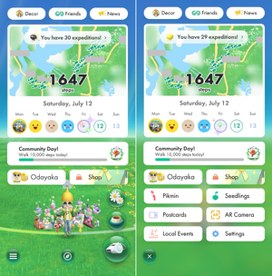 The main menu in Pikmin Bloom.