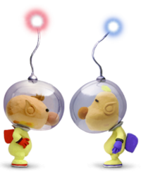 Clay models of Olimar and Louie, facing eachother.