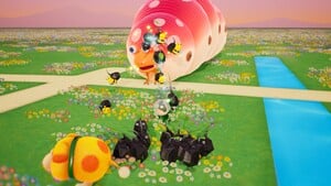 A screenshot of the Dandori Academy stage themed around the Pikmin Bloom world map set at sunset.