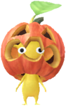 A special event Yellow Decor Pikmin wearing a Jack-o'lantern.