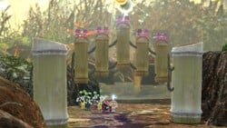 Promotional screenshot of Pikmin 3 Deluxe. A bamboo gate is lifted. Source: nintendo.com