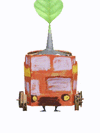 An animation of a rock Pikmin with a paper bus from Pikmin Bloom.
