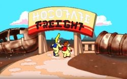 Captain Olimar and Louie walking into Hocotate Freight in Hotel Pikmin.