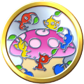 Expert Expedition Badge. The badge shows a Red, Blue, and Yellow Pikmin battling a pink mushroom.