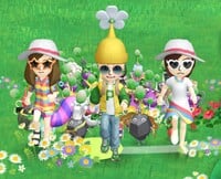 The player’s Mii next to other Party Walk host’s Miis in Pikmin Bloom.