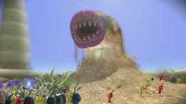 A Sandbelching Meerslug from the E3 2013 version of Pikmin 3.